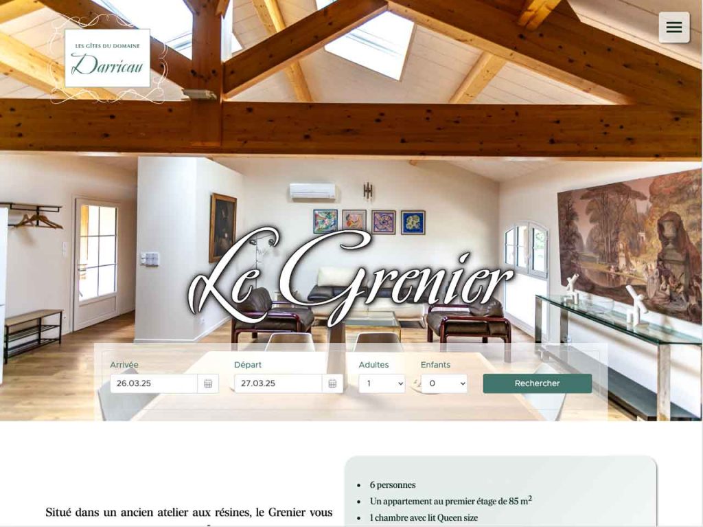 domaine-darricau.fr - Page "détail du gîte le Grenier" avec formulaire de réservation