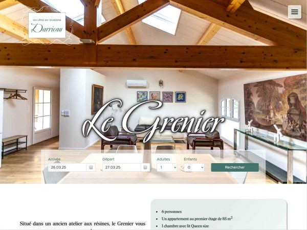 domaine-darricau.fr - Page "détail du gîte le Grenier" avec formulaire de réservation